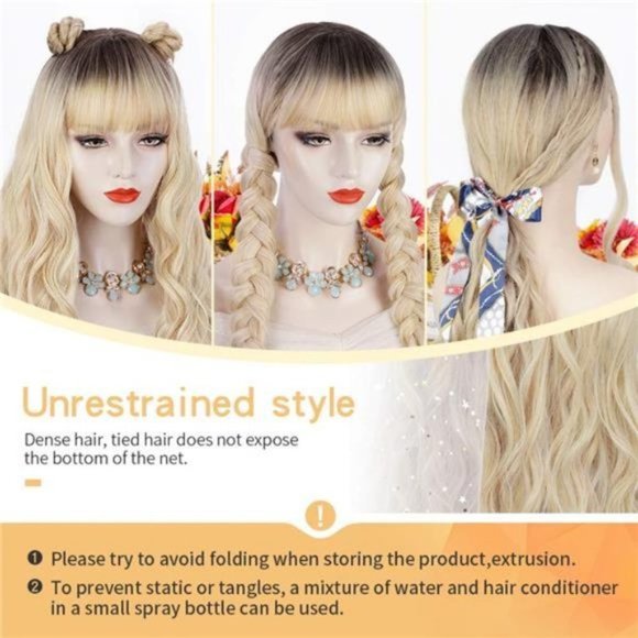 LONG Curly Wavy Synthetic Hair Wigs with Bangs for Women Light Golden Mix Blonde